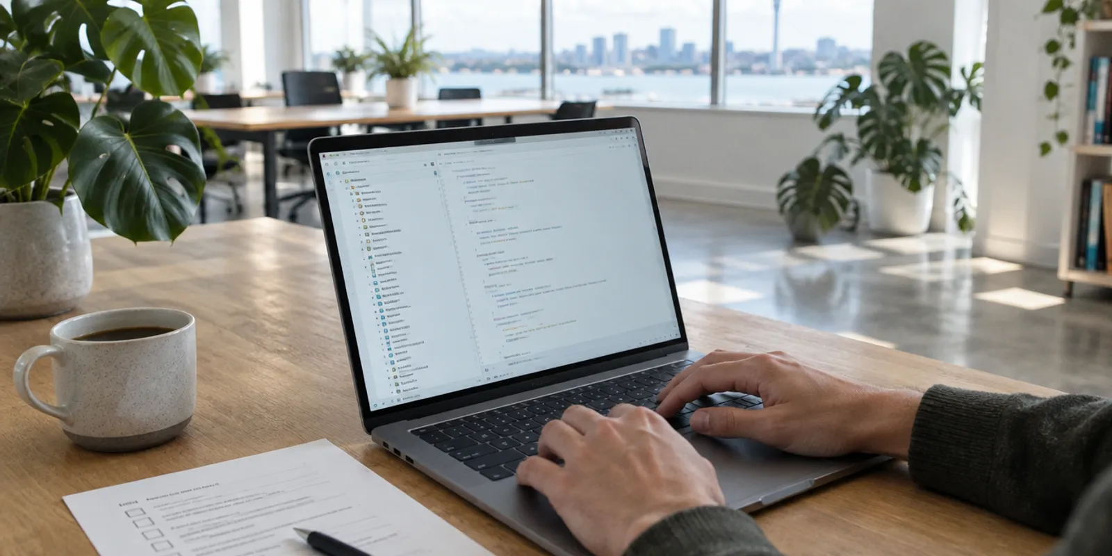 A developer's hands on a laptop in a bright office, the editor open on an existing project's long file tree