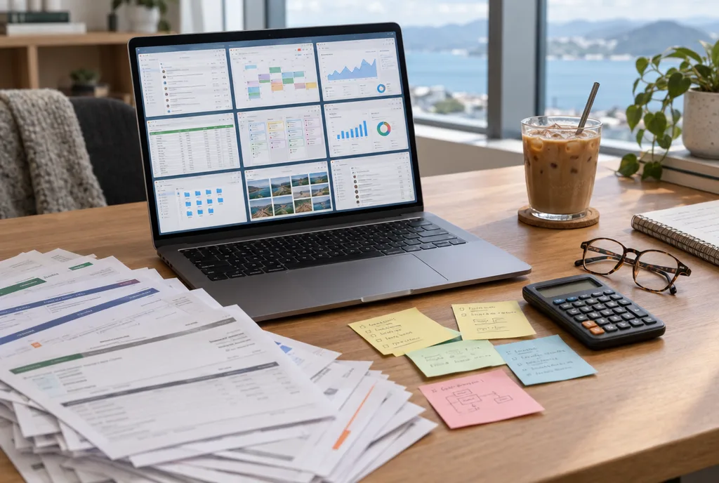 A laptop crowded with a dozen app windows beside a pile of software invoices and sticky notes