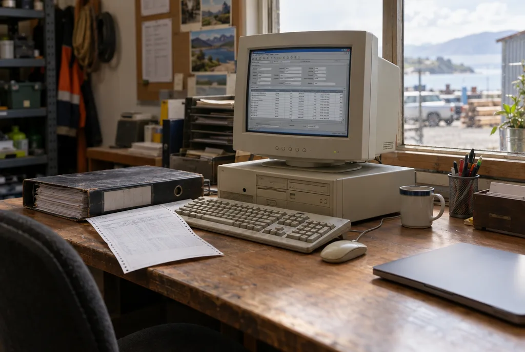 An old beige desktop computer running a dated database form in a trade workshop office