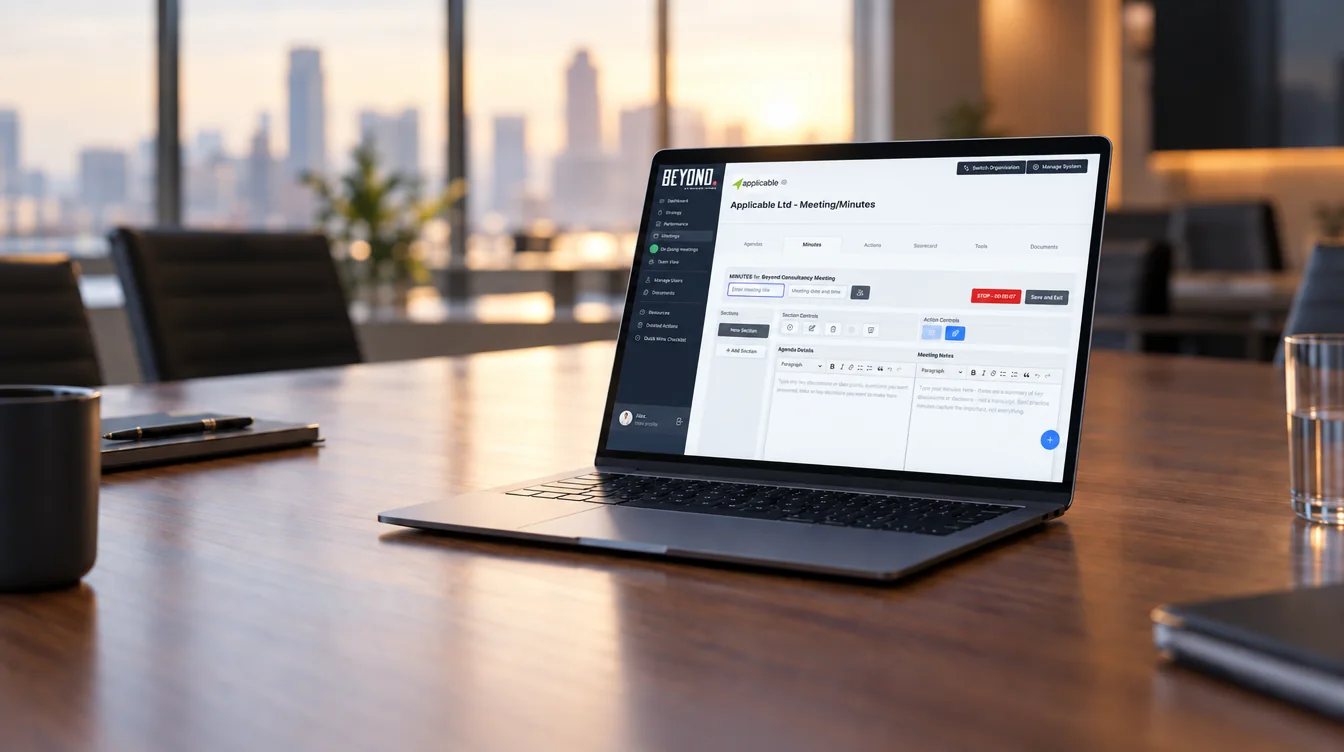 Laptop on a boardroom table showing the Beyond strategy platform meeting minutes screen