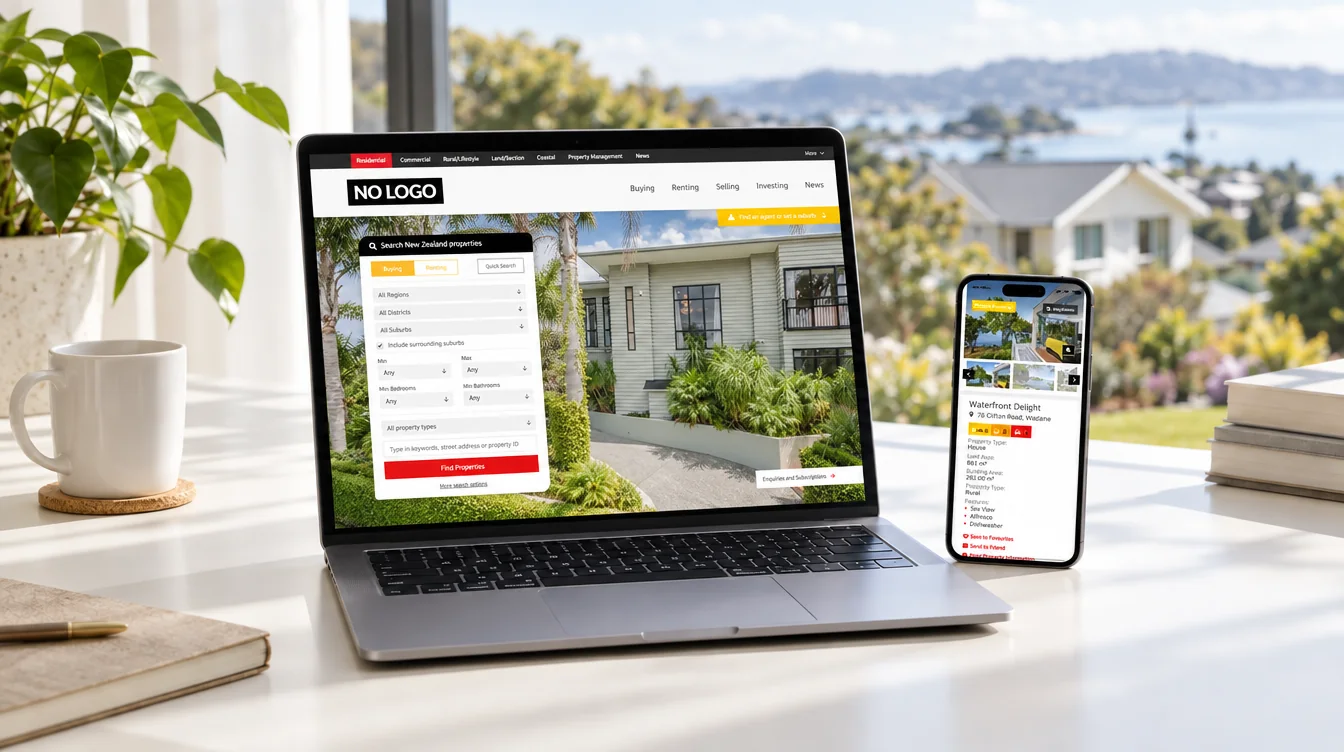 Laptop and phone on a desk showing an LJ Hooker New Zealand office website with property search and listings