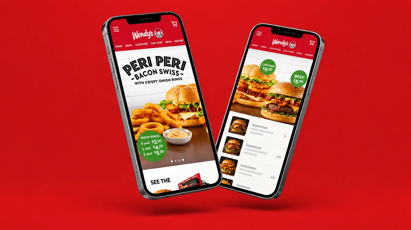 Two phones on a red background showing the Wendy's Hamburgers New Zealand website
